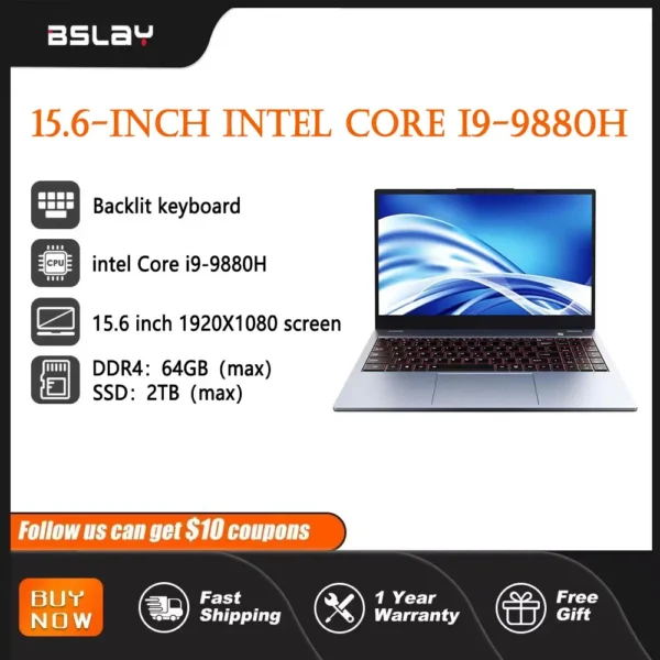 Laptop 15.6-inch Intel Core i9-9880H 64GB DDR4 2TB SSD Backlit Keyboard 4.8Ghz HD Camera Office Game Design 8-Core 16 Thread