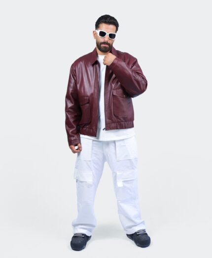 Blouson Oversize en Cuir Bordeaux à Col Chemise